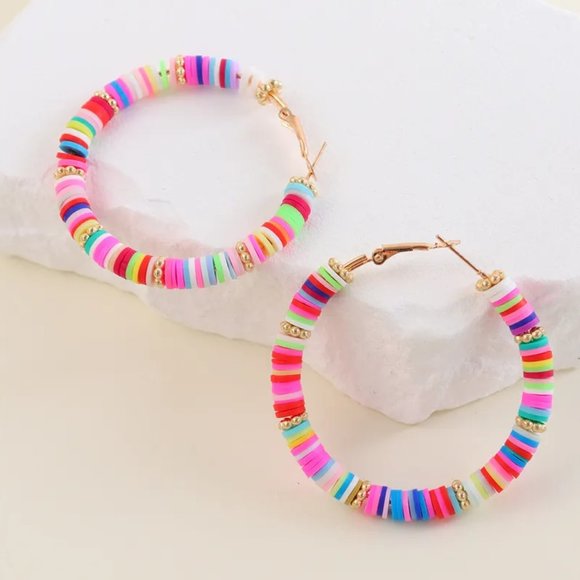 chichigems Jewelry - Colorful Soft Clay Discs Beaded Hoop Earrings NEW